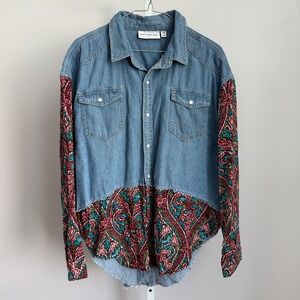 Run‎ Cinta Run Denim Shirt Paisley Patchwork Western Button Up Top M